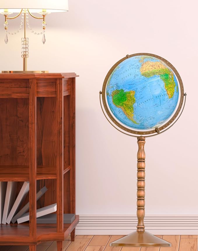 Treasury 12" Diameter Blue Illuminated Globe, USA Cartography, Convertible to Desktop with Raised Mountain Relief and Sturdy Metal Base and Hand Turned Hard Wood Stand.This economical 12” floor model stands 32” high on a durable metal base and attracti...
