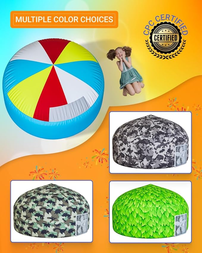 Skywin Inflatable Tent for Kids (Camo Dark Grey), Inflatable Air Tent for Kids Sets Up and Stores Away in Seconds, Improved Blow up Fort (Fan NOT Included) (Beach Ball Blue)