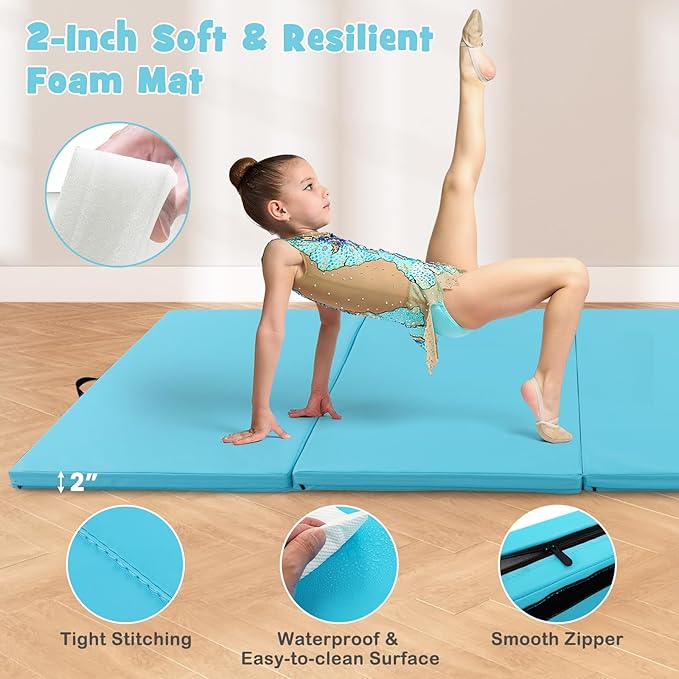 Giantex 4'x10'x 2" Gymnastics Mat, 4-Panel Folding Aerobics Exercise Mat w/Hook & Loop Fastener, Carrying Handle, Portable Tumbling Mat for Stretching Yoga Cheerleading Martial Arts