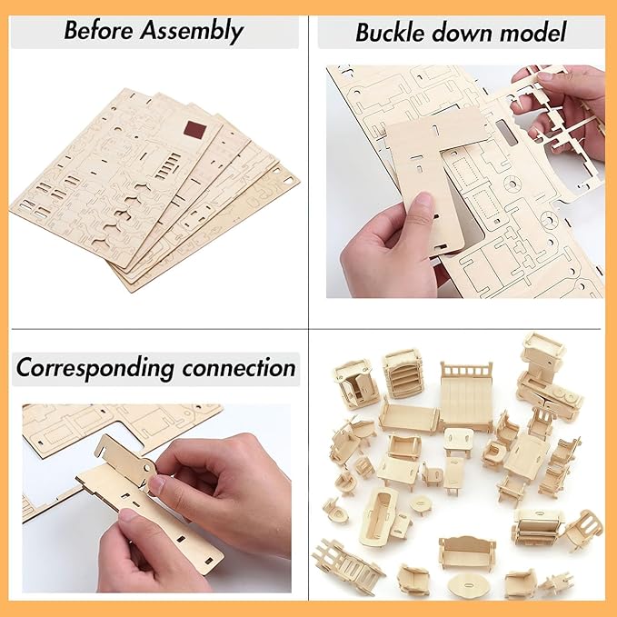 LOVEINUSA DIY Wooden Dollhouse Furniture Set, 3D Puzzle Miniature Room Accessories, Natural Wood (Pack of 2)