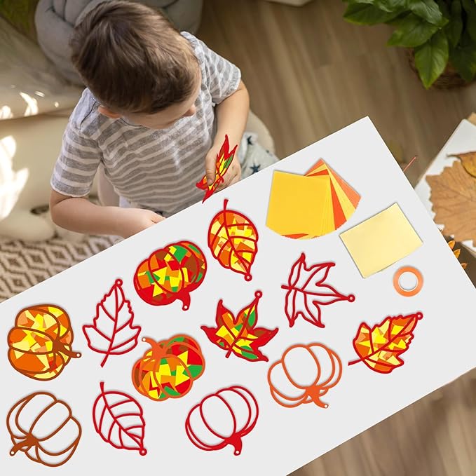 Qyeahkj 36 Set Fall Suncatchers Crafts for Kids DIY Autumn Window Tissue Paper Crafts Kit Maple Leaves Pumpkin Hanging Decor for Thanksgiving School Home Activity Art Project Birthday Party Favor Gift