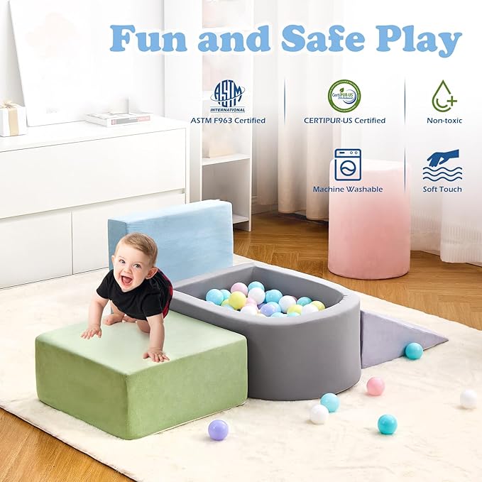 Climbing Toys for Toddlers , Foam Climbing Blocks with Ball Pit for Baby, 5-Piece Soft Toddlers Climbing Toy Indoor,Climbing Crawling Toys Soft Foam Blocks Activity Play Set(Balls not Included)
