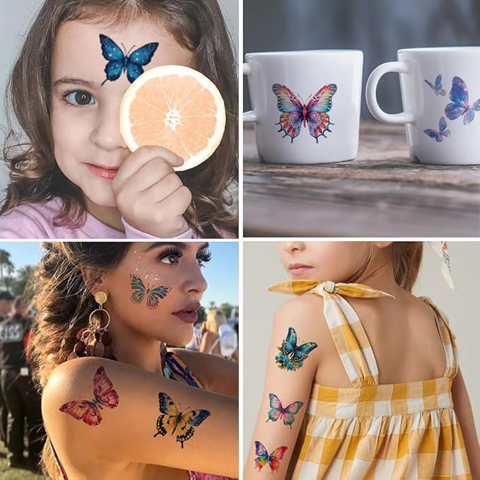 Glitter Butterfly Temporary Tattoos for Kids - 74 Individually Sheets Watercolor Butterfly Tattoos for Kids Birthday Decorations