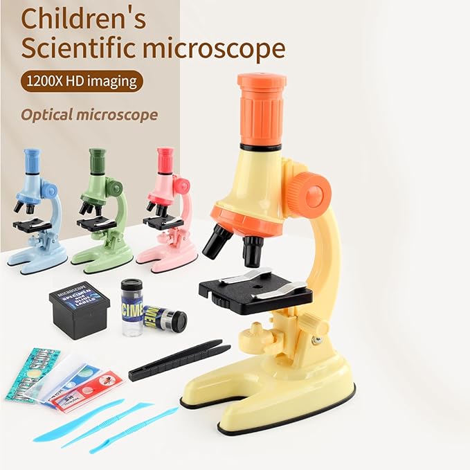 XD508 Microscope for Kids - 100X 600X 1200X Beginner Microscopes kit with LED Light, Science Educational Gift and Toy for Boy&Girl Birthday Halloween Christmas（Yellow）
