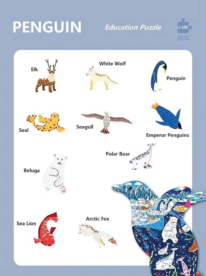 PINU Jigsaw Puzzles for Kids Ages 3-5, 6-8, 8-10, Children Colorful Fun Animal Shaped Puzzle Learning Educational Toys Gifts Games for Boys and Girls (Penguin-100 PCS)