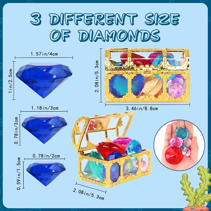 YUJUN 30 Pieces Colorful Diving Gem Pool Toys Big Diamond Ocean Animals Gem with Treasure Pirate Chest Box Summer Underwater Acrylic Gemstones Set for Kids Swimming Pool Party Favors