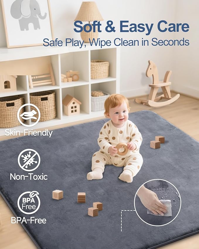 Thick Baby Play Mat for Floor,Padded Foam 59x39 Nursery Rug,Ultra Soft Support & Plush Feel Tummy Time Mat,Non Slip for Toddler,Infants,Kids Play,Yoga,Baby Crawling (Dark Grey)