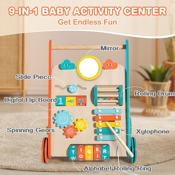 Wooden Baby Walker with Wheels, Walker for Baby Boys 6-12 Months Push Toy, Sit to Stand Activity Walker Learning to Walk