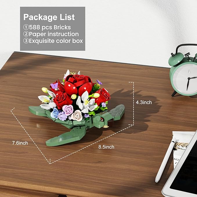 Sea Turtle Rose Bouquet Succulent Planter Building Set, Compatible with Lego Flowers Plants Pot, Creative Plants and Animals Home Decoration Blocks Toy, Gifts for 6+ Girls, Women (588PCS)