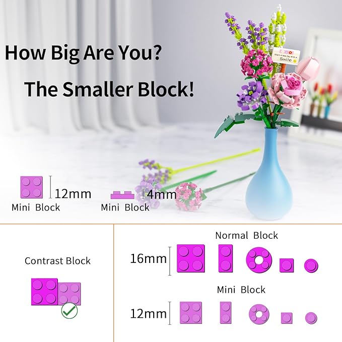 Mini Bricks Flower Bouquet Building Sets, Artificial Flowers, 553 Pieces Botanical Collection for Ages 8-12 yrs Old Girl for Gift (Not Compatible with Set)