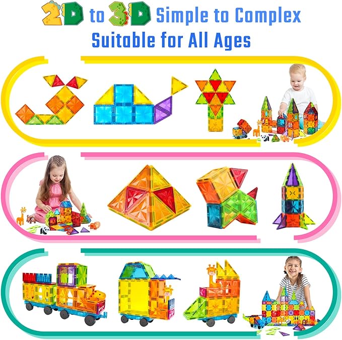 Magnetic Tiles 110PCS 3D Animals Magnet Tiles with 2 Cars Kids Magnetic Building Blocks STEM Educational Magnet Toy Construction Playboards Toys Gifts for Boys Girls Toddlers 3 4 5 6 7 8 9 Year Old