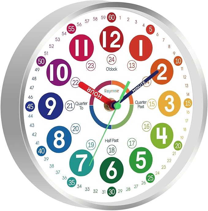 Wall Clock for Kids Learning - Teaching Time Wall Clocks Battery Operated Silent Non Ticking - Analog Colorful Clock Decorative for Kids Room Classroom School(14 Inch&Silver)
