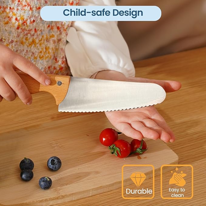 Kibbidea Kids Knife Set for Real Cooking Safe, 4pcs Kids Kitchen Cutting Chopping Knives, Food-grade Stainless Steel Blades, Metal Children First Starter knife, BPA-free Tool (Silver)