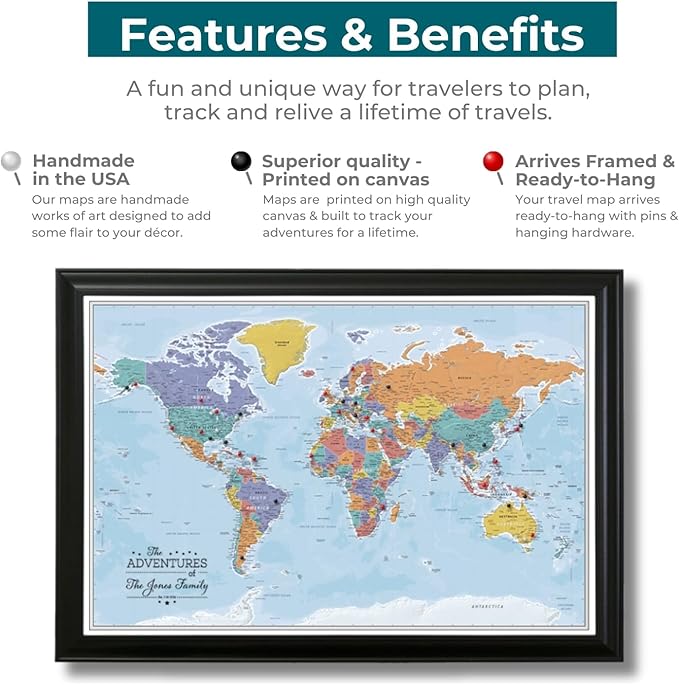 Canvas - Personalized Blue Oceans World Push Pin Travel Map with Brown Frame