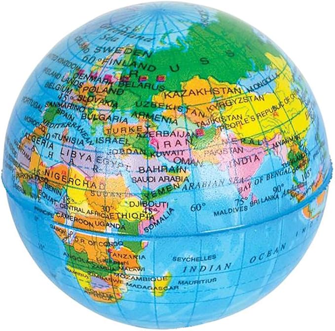 The Dreidel Company World Globe Squeeze Ball Bunch Stress Ball, Planet Soft Foam Stress & Anxiety Relief Toy, Planet Earth, 3" Inches - (Pack of 12)