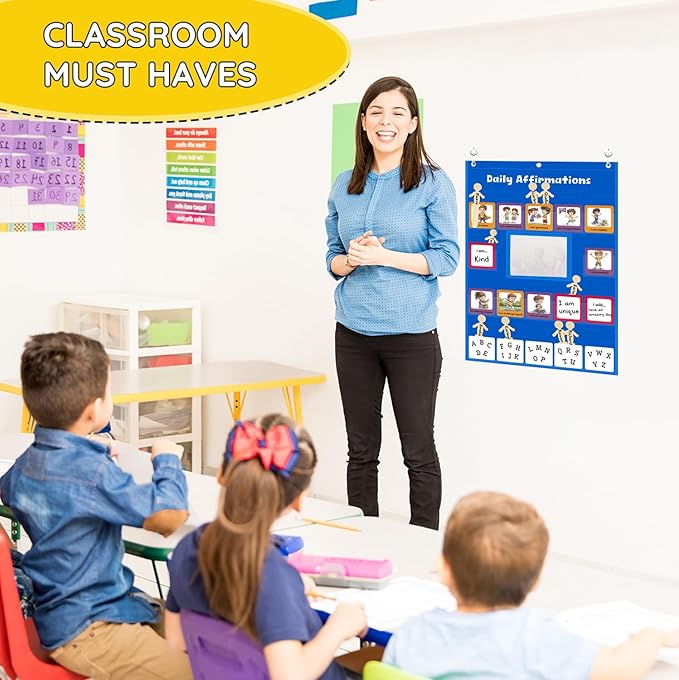 Daily Affirmations for Kids Pocket Chart with Mirror Large Pocket Chart for Classroom, Mindfulness Affirmation Mirror for Toddler with 47 Cards Calm Down Corner Supplies (Blue)