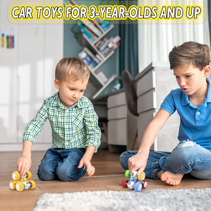 Pull Back Truck for Toddler Boys for Ages 3-5,6 Rounds Inertia 360° Rotating Stunt Car Toys 3 4 5 6 Year Old Kids,Push and Go Vehicle Toy Party Favors for Boys Girls Birthdays Present (Yellow)