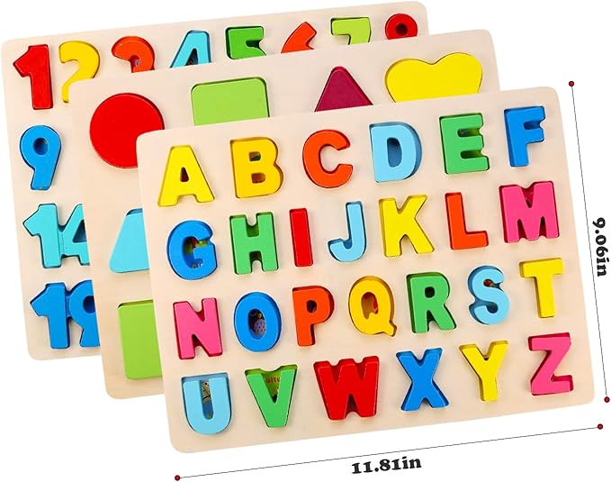 Wooden Puzzles for Toddlers, LENNYSTONE Wood Alphabet Number Shape Puzzles Kids Preschool Learning Toys for Boys Girls Ages 2 3 4 5 Year olds