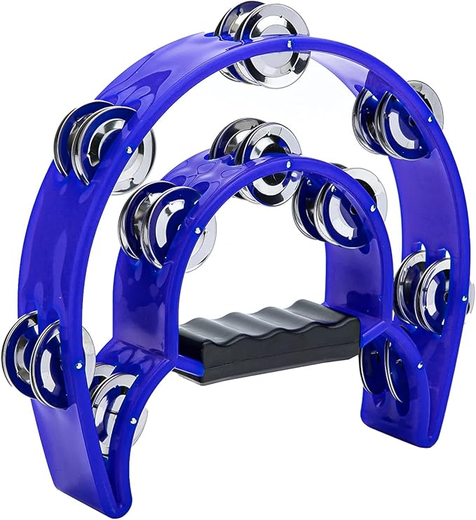 Musfunny Tambourine Double Row Metal Jingles Hand Held Percussion Tambourines Half-Moon Musical Instrument for Adults, Church, KTV, Party (Blue)
