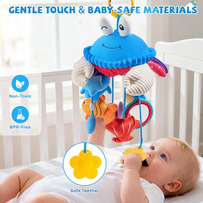 Car Seat Toys for Babies 0-6 Months, Hanging Baby Activity Toy for Stroller, Crib & Gym, Tummy Time Sensory Crab Plush Toys for Newborn, 0 3 6 9 12 M Clip-On Montessor Toy, Baby Boy Girl Gifts