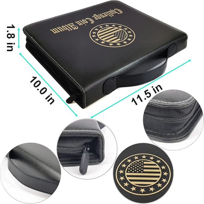 Challenge Coin Display Book Medals Holder for Collectors, 120 Pockets Large Military Coin Collecting Album with Zipper and Handle - Black