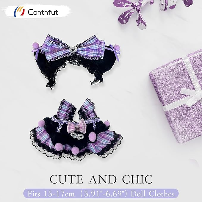 17cm/15cm Doll Clothes Outfit Set,Accessories for Dolls,Stylish Clothes Set Dress Up (No Doll) (Purple Dress)