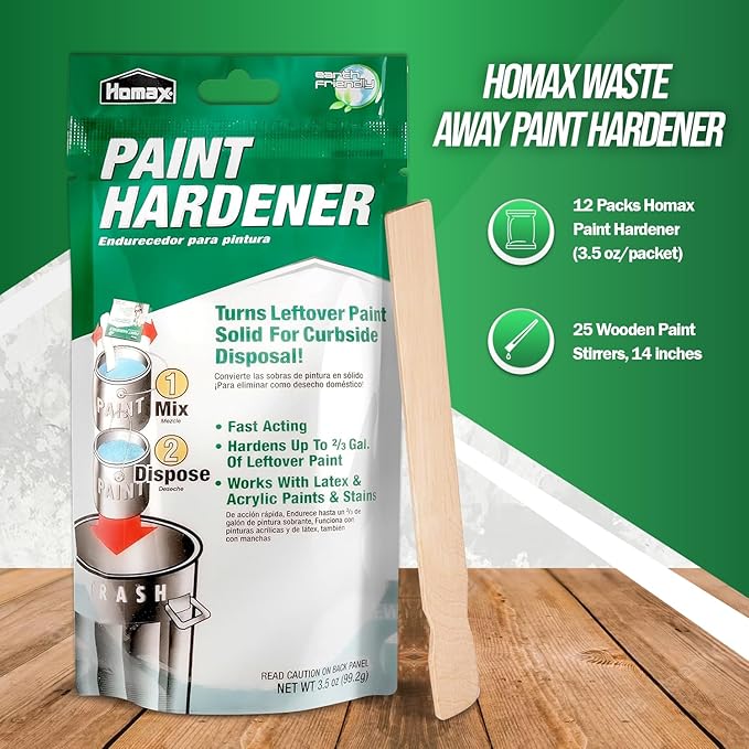 Homax Waste Away Paint Hardener, 12 Packs, 3.5oz - Fast Acting Solidifier for Disposal - Drying Powder for Acrylic & Latex With 25 Pcs. of 14 Inch Wooden Stir Sticks