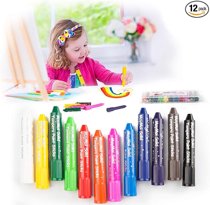 Tempera Paint Sticks, Washable Paint Sticks for Kids, Quick Drying & No Mess, Non-Toxic, Best Art Birthday Gifts for Kids (12 Colors)