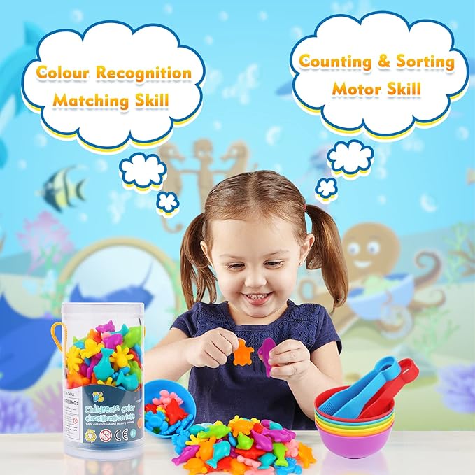LOKIPA Counting Ocean Animal Toys, Color Sorting Set Ocean Animal Matching Game with Rainbow Sorting Cups Learning Activities Educational Sensory Toys for Toddlers Kids Ages 3 Years and Up