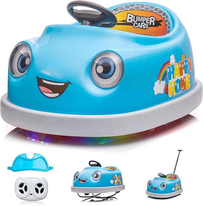 12V Dual Battery Electric Ride on Kids Bumper Car w/Remote Control,360 Degree Spin,Push Rod Rocker Horse Function,3-Speeds Babies & Toddlers Bumping Car Ride on Toy Gift for 1-4 Years Children (Blue)