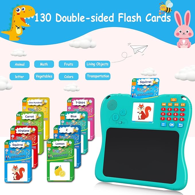 EASEGMER 3 in 1 Educational Learning Travel Toys - 8'' Drawing Tablet and 130 Talking Flash Cards Toddler Writing Tablet and Preschool Learning Activities, Best Gift for Girls/Boys 3-12 Years