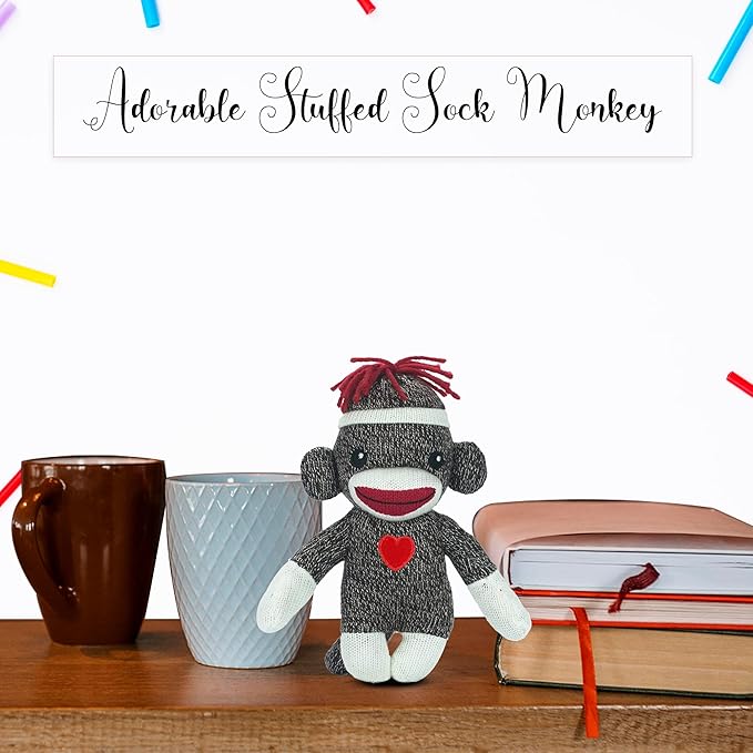 Adorable Sock Monkey 6 Inches, The Original Traditional Hand Knitted Stuffed Animal Toy Gift-for Kids, Babies, Teens, Girls and Boys Baby Doll Present Puppet (Brown)