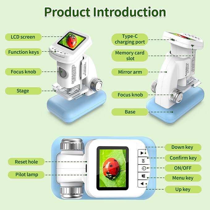 Microscope for Kids, 1200X Kids Microscope Pocket Portable Microscopes with Photo and Video Function, Mini Handheld Digital 2" Screen Rechargeable Student Edu Science Microscopes for Kids 6-7 8-12