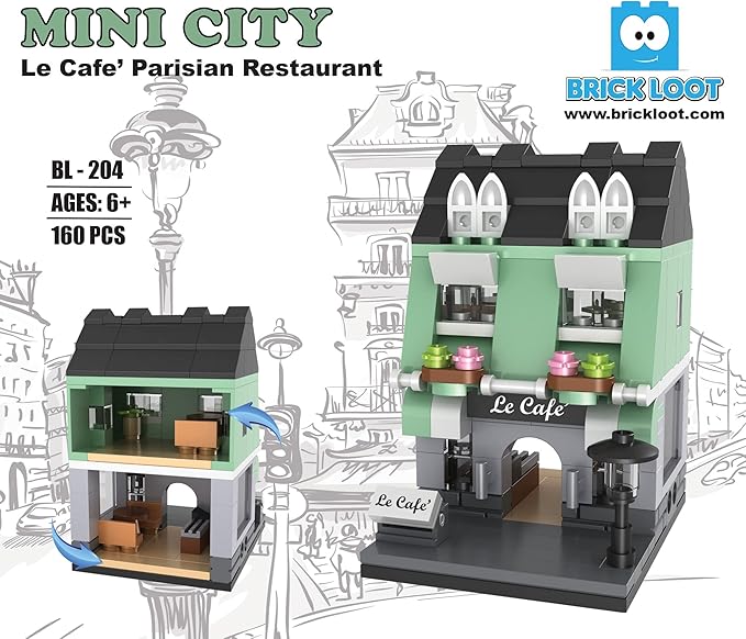 Brick Loot Mini City Parisian Restaurant “Le Café” – Lego-Compatible Modular Mini Bricks Café Building Set, City Blocks Kit for Kids & Adults, French Bistro Storefront DIY Model, Display Collectible
