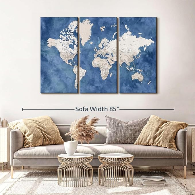 ElephantStock Detailed World Map With Cities I Wall Art - Horizontal Canvas - 3-Piece Living Room Decor - Watercolor Map Canvas Print - Beige and Blue Wall Decor by Blursbyai - 65" X 42"