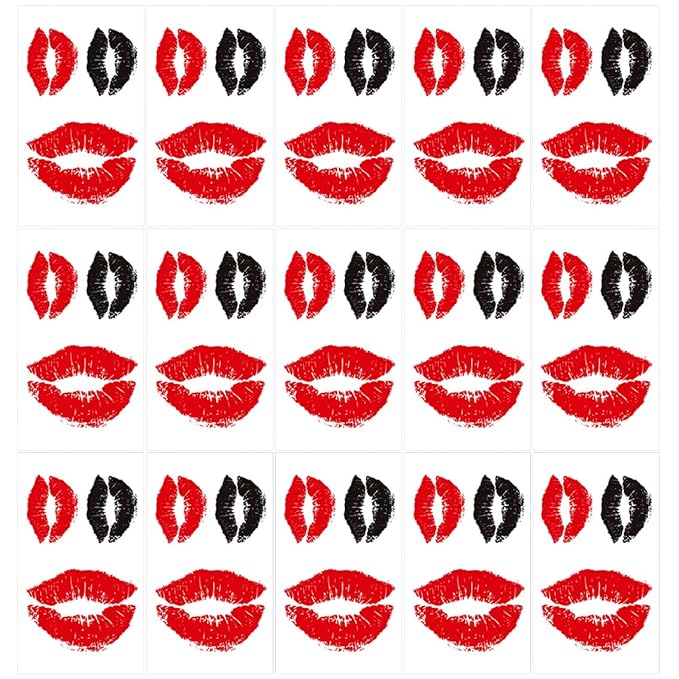 Valentines Lip Temporary Tattoo Lip Print Tattoo Stickers Red Black Kiss Waterproof Fake Tattoos for Adult Kids Halloween Costume Accessories and Parties,15-Sheet