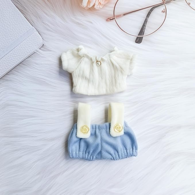 Clothes for Dolls Accessories (No Doll), Cute Outfit Set 5 Pieces Bib Pants for 15 & 17cm Doll Suit, Stylish Dress Up Overalls Doll Clothing Set Replacement with Hat Clothes Shoes Blue