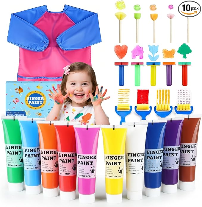 TMOL Washable Finger Paint for Toddlers, 25 PCS Non-Toxic Finger Paints, 10 Vibrant Colors (2fl oz), Baby Paint for Hand and Feet, Safe Art Supplies, Early Learning Gifts for Kids Age 3+