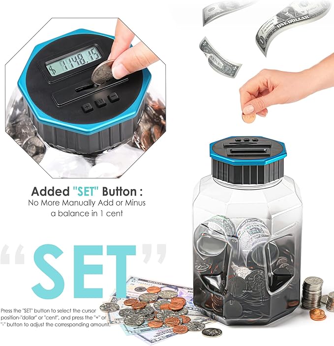 X-Large Piggy Bank for Adults Kids, Vcertcpl Digital Coin Counting Bank with LCD Counter, 2.4L Capacity, Great Coin Counter Bank Money Counting Jar with Total Amount Displayed (G Gray, X-Large)