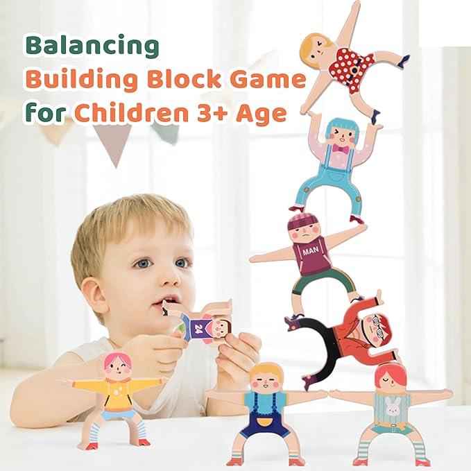 Stacking Figure Toys, Fun Balancing Building Blocks Game for 3 4 5 6 7 8 + Years Old Boys Girls, Family Stacking Games with 12 PCS Figure Blocks and Balls, Preschool Party Favors Birthday Gifts