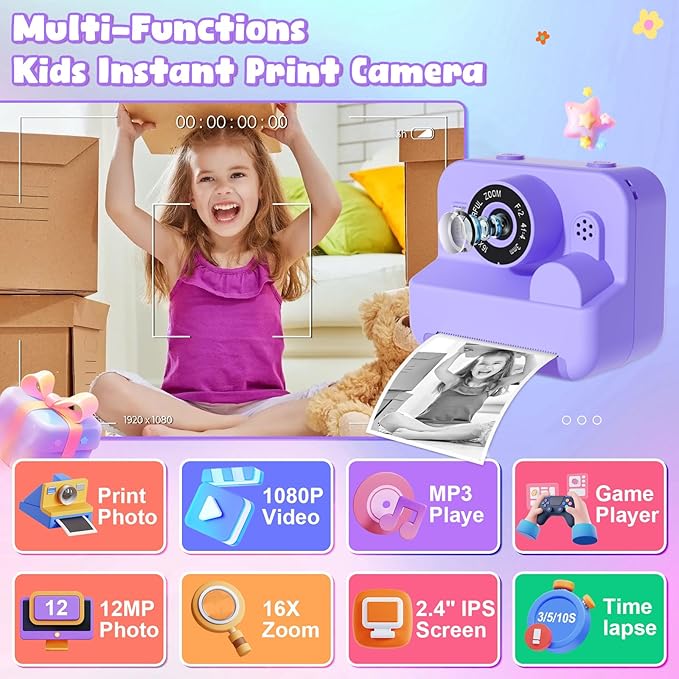 Kids Camera Instant Print - 1080P HD Video Digital Camera for Toddler with Printing Photo Paper, Portable Toy for 4 5 6 7 8 9 10 Years Old, Christmas Birthday Gifts for Boys Girls (Purple)