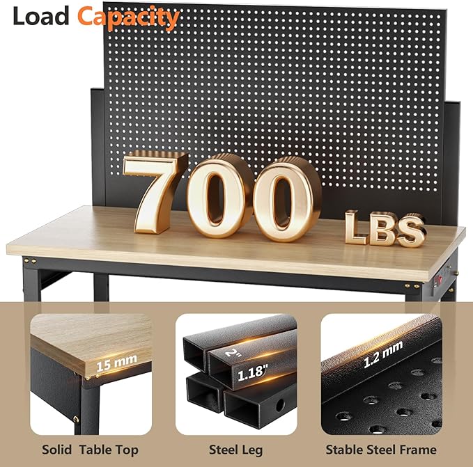 Workbench with Pegboard, Adjustable Height Work Bench Heavy Duty Work Station Table with Power Outlets Work Benches for Garage, Workshop, Home, Office(47.2 inch Wide)