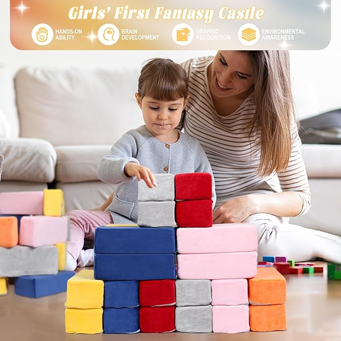 Foam Building Blocks for Kids，24 Pack Soft Foam Blocks for Toddlers, Large Stacking Building Block Toys Set Gifts for Boys and Girls