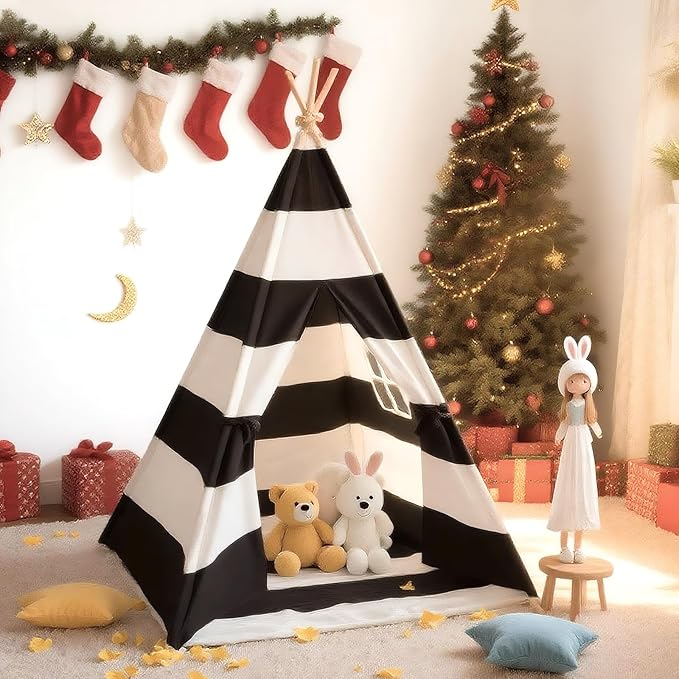 Teepee Tent for Kids with Lights, and Carry Bag, Washable Playhouse for Indoor Use, Ideal Play Tent for Girls and Boys, Stripe Black