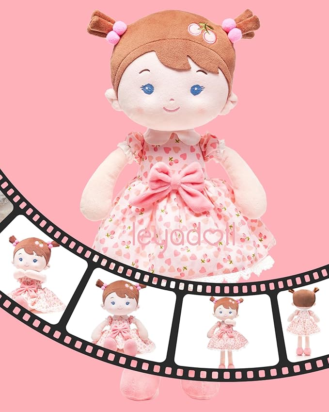 LeyaDoll Personalized Soft Baby Doll Toys for Girls (16''), My First Birthday Gift, Christmas Dolls, Leya Doll Baby Rag Doll Plush Toys for Toddler Kids Infants -Cherry Girl Light