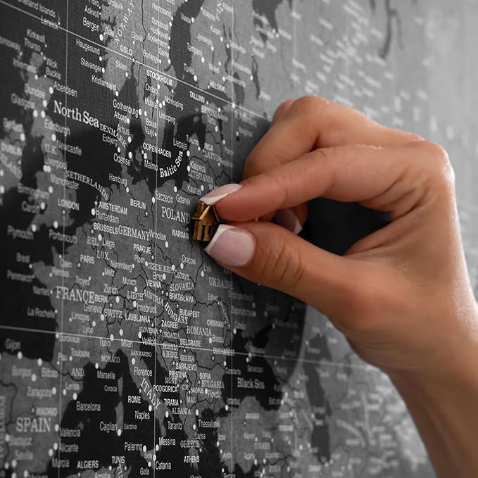 Canvas World Map with Cork Pin Board - English Lettering - Decorative Wall Decoration for All Rooms - Canvas Pictures with World Map Motif (90x60 cm, Pattern 7)