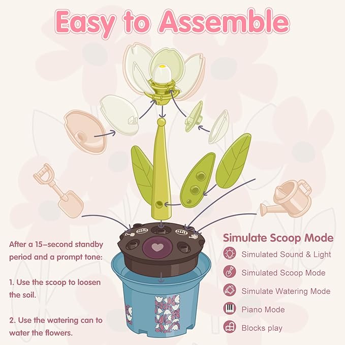 Musical Sunflower Piano Game Machine, Interactive Building Blocks Toy with Watering Can (Tulip)