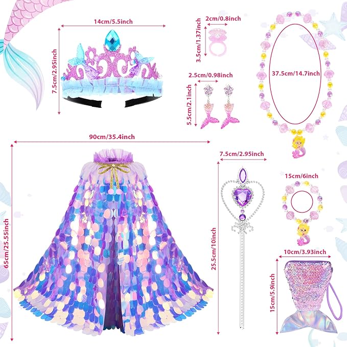 Princess Dress Up Toys Princess Dress Up Clothes Rainbow Mermaid Cape Kit 9 Pcs Gift Set for Little Girls 3-8 Years