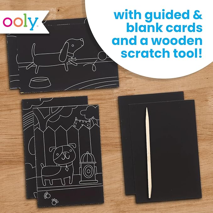 Ooly Mini Scratch & Scribble Art Kit - 6 Card Rainbow Scratch Art Set Gifts for Kids, Travel-Friendly Craft Kit, Scratching Tool Included - Playful Pups