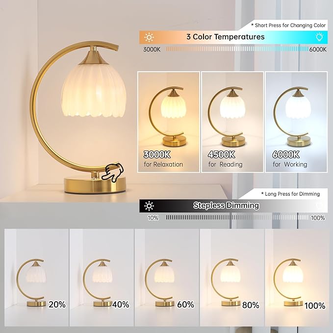 Cordless Table Lamp with 5200mAh Battery & Touch Control - 3 Adjustable Color Temperatures Bulb, Rechargeable Small Table Lamps for Living Room, Bedroom, Office Desk, Nightstand (White Tulip)